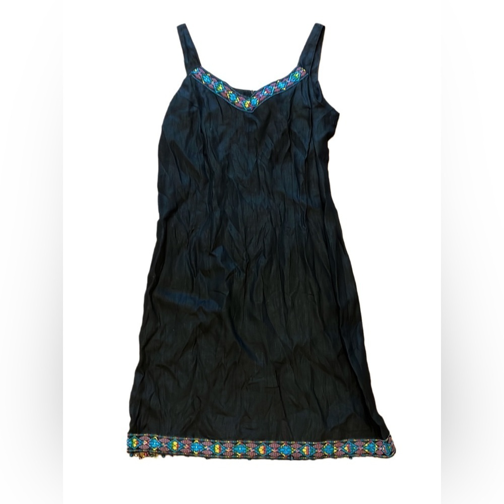 Womens Black Linen Dress with Embroidered and Beaded Details Size 12
